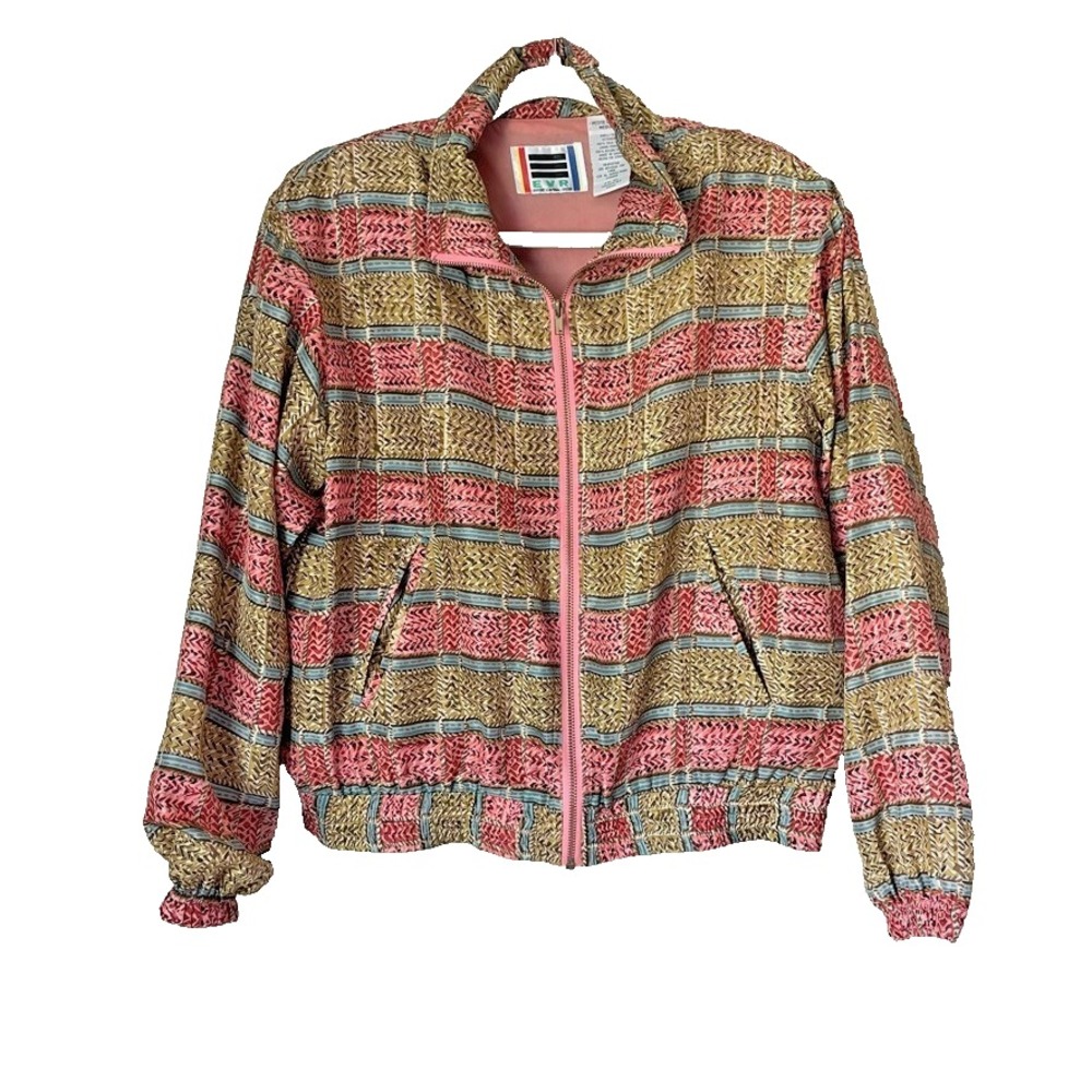 EVR Silk Pink Blue Green 80s Artsy Print Full Zip Bomber Jacket Medium Petite‎